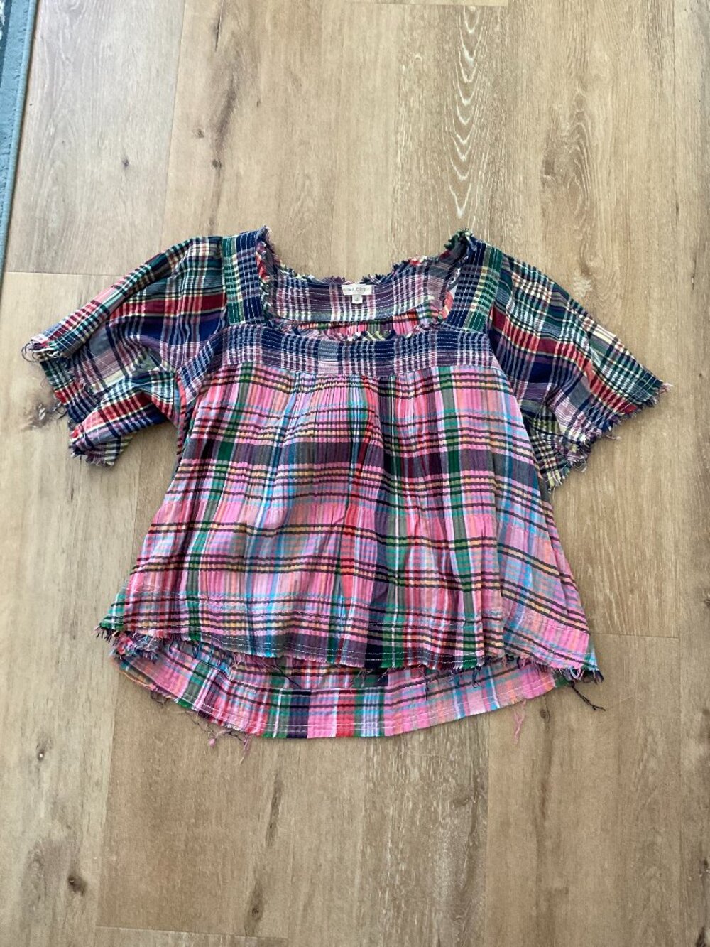 Pilcro Anthropologie Plaid Madras Top L Frayed Hem Boho Patchwork Blouse